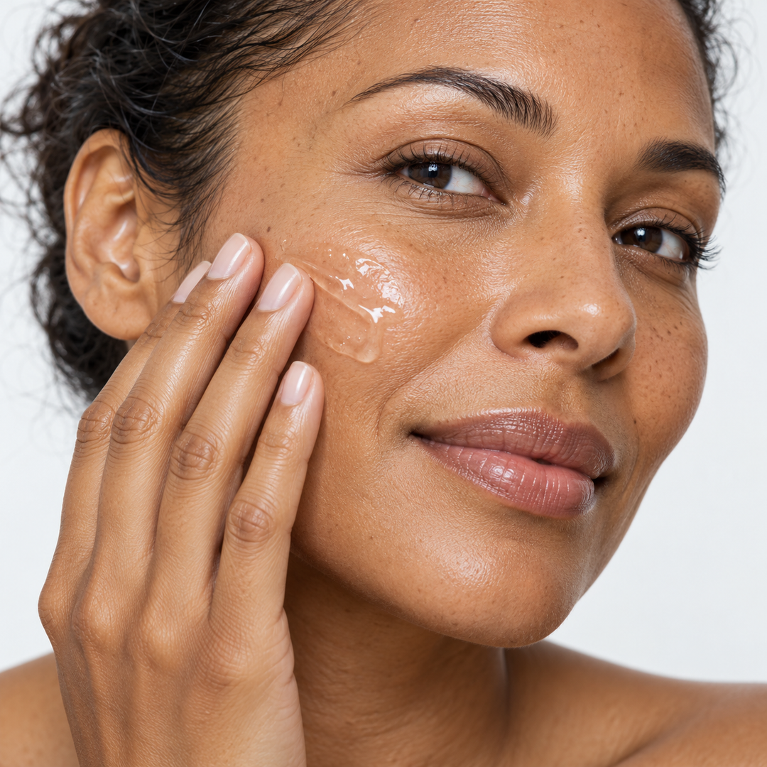 Skincare application on the cheek — Double Hydration Hyaluronic Gel