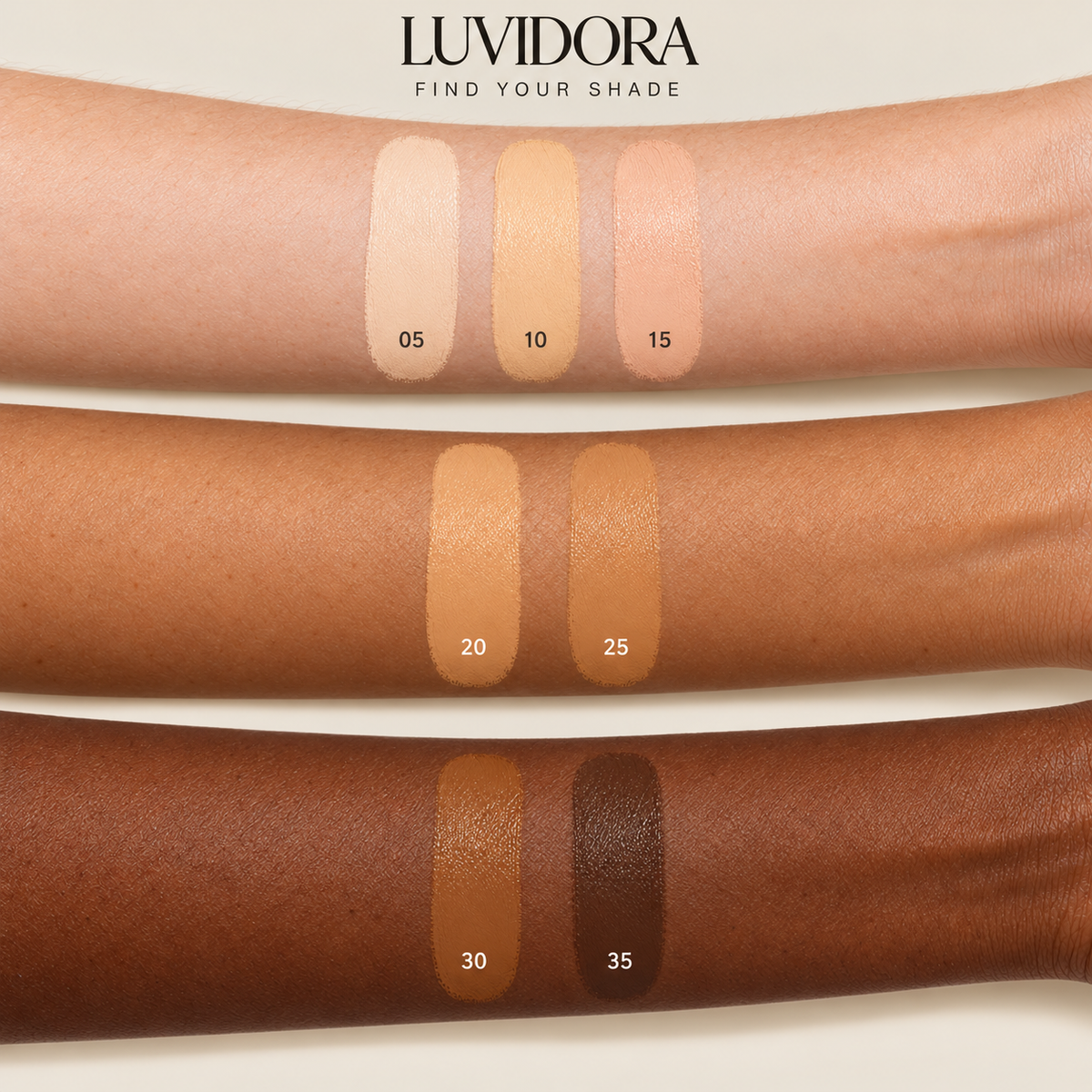 LUVIDORA concealer — all 7 shades on three skin tones