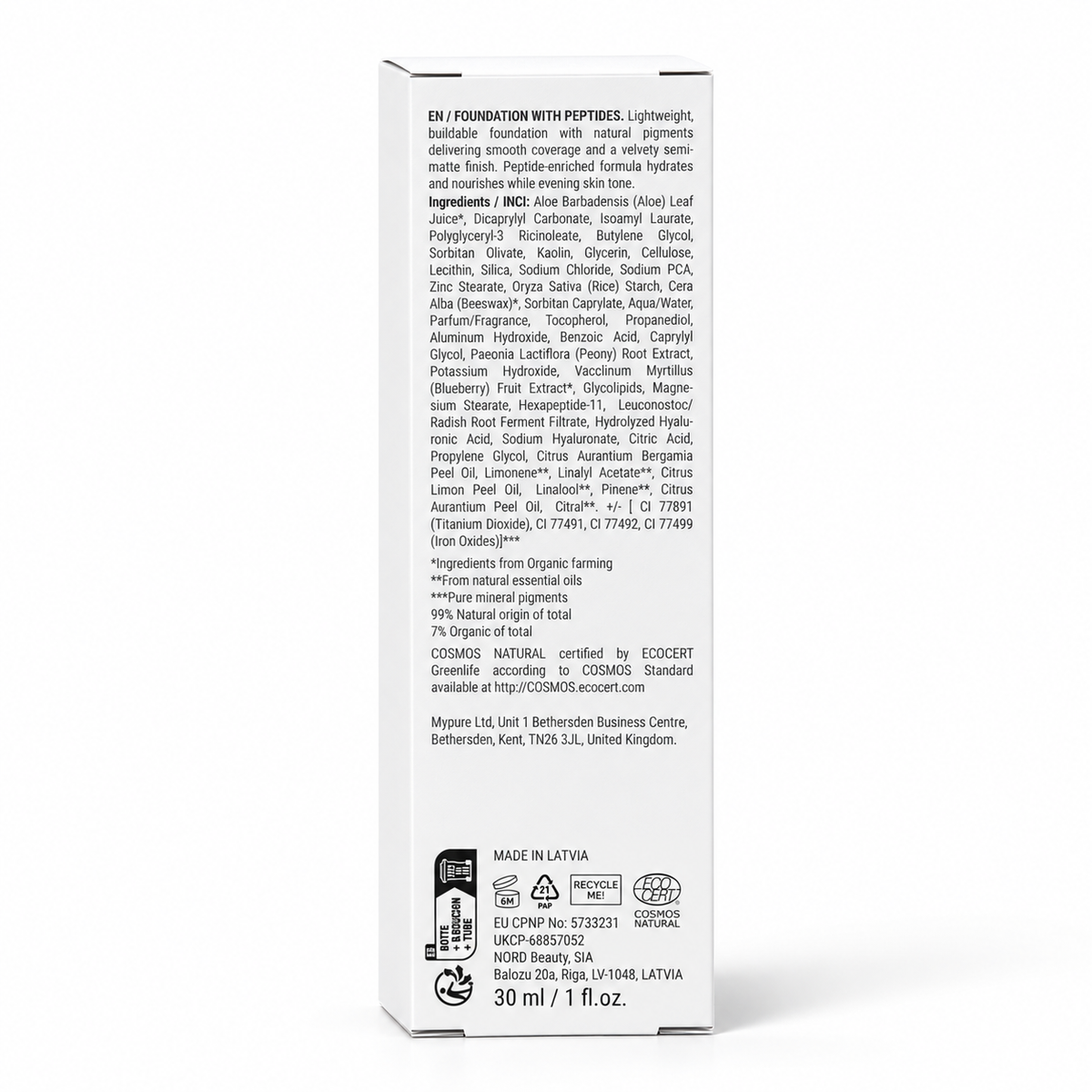 LUVIDORA Peptide Foundation — rear packaging label and ingredients