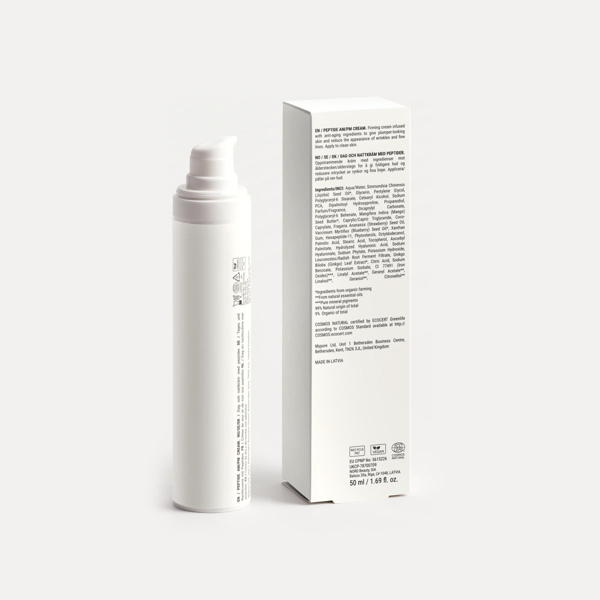 Ingredients of the Luvidora Peptide AM/PM Cream, shown on the back of the box