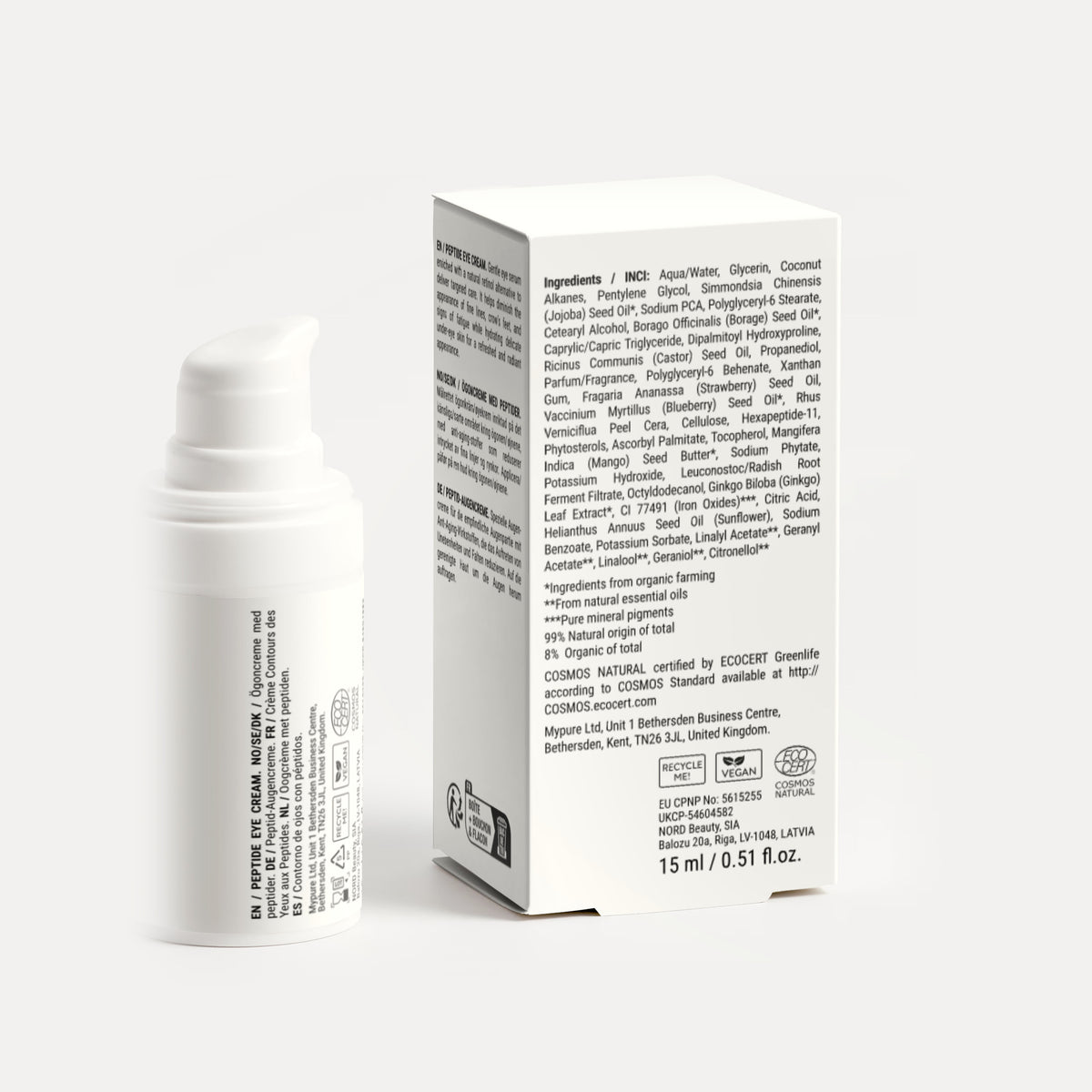Ingredients of the Luvidora Peptide Eye Cream, shown on the back of the box