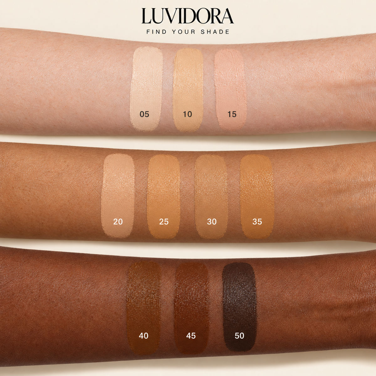 LUVIDORA foundation shade guide — 05 10 15 20 25 30 35 40 45 50 on three skin tones