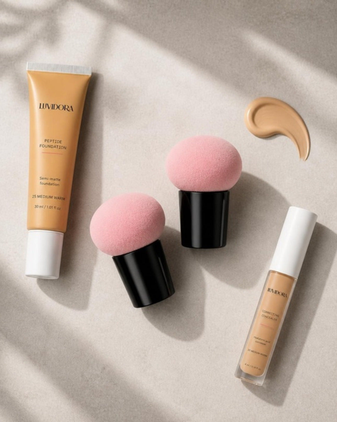 Mushroom makeup sponges with peptide foundation and concealer